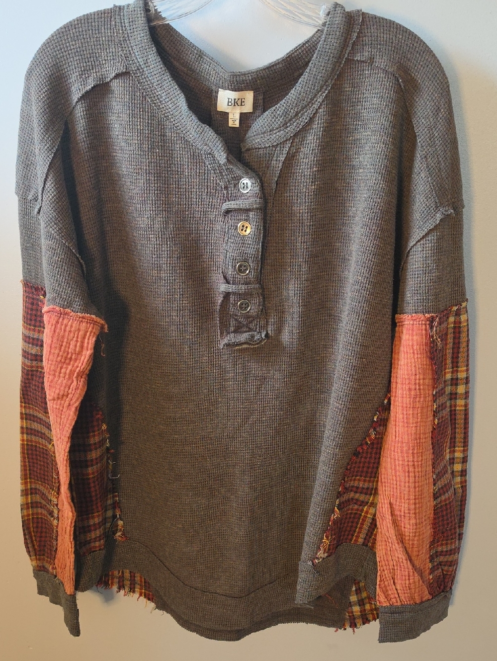 Gray Women’s Waffle Knit Henley with Plaid Patch Accents